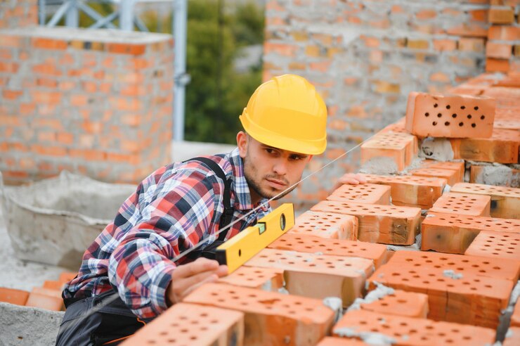 pedreiro de pedreiro de construcao instalando tijolo vermelho com espatula de espatula ao ar livre 255667 37333